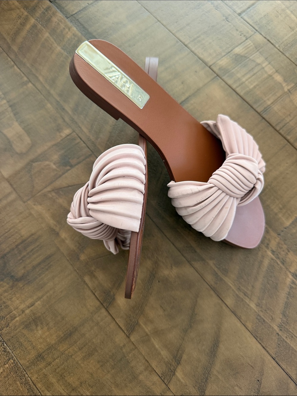 Zara Blush Knotted Slide Sandals - Pink Upper with Brown Footbed - Picture 4 of 5
